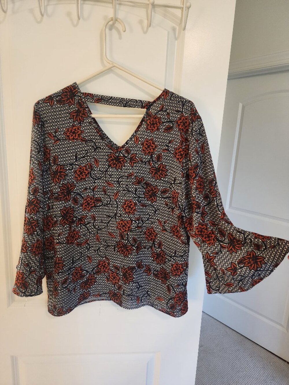 Boutique Patterned Blouse, Navy and Burnt Orange, Size Large